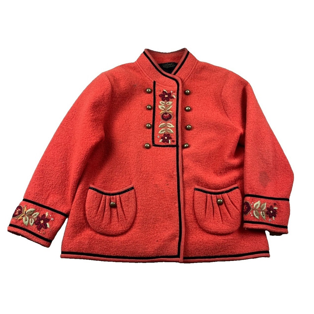 Icelandic Design Jacket Women's Size Large Orange Wool Embroidered Pockets
